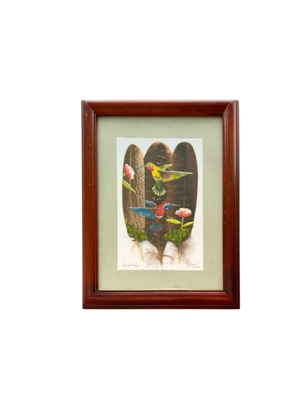 Bird Painting Hummingbirds on Feather Signed and Dated Vintage Folk Art Decor